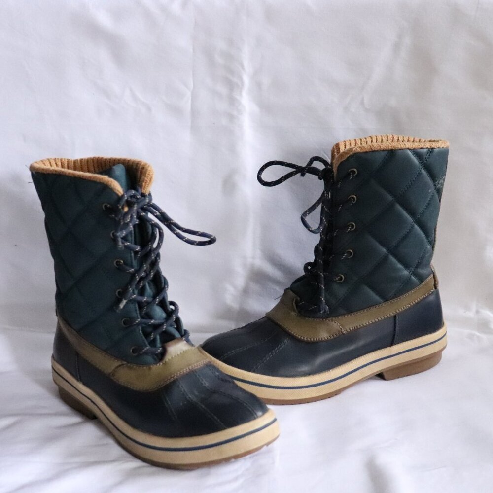 Call It Spring Women's Sz 7.5 Blue/Tan Eraude‎ Winter Lace Up Quilted Snow Boots